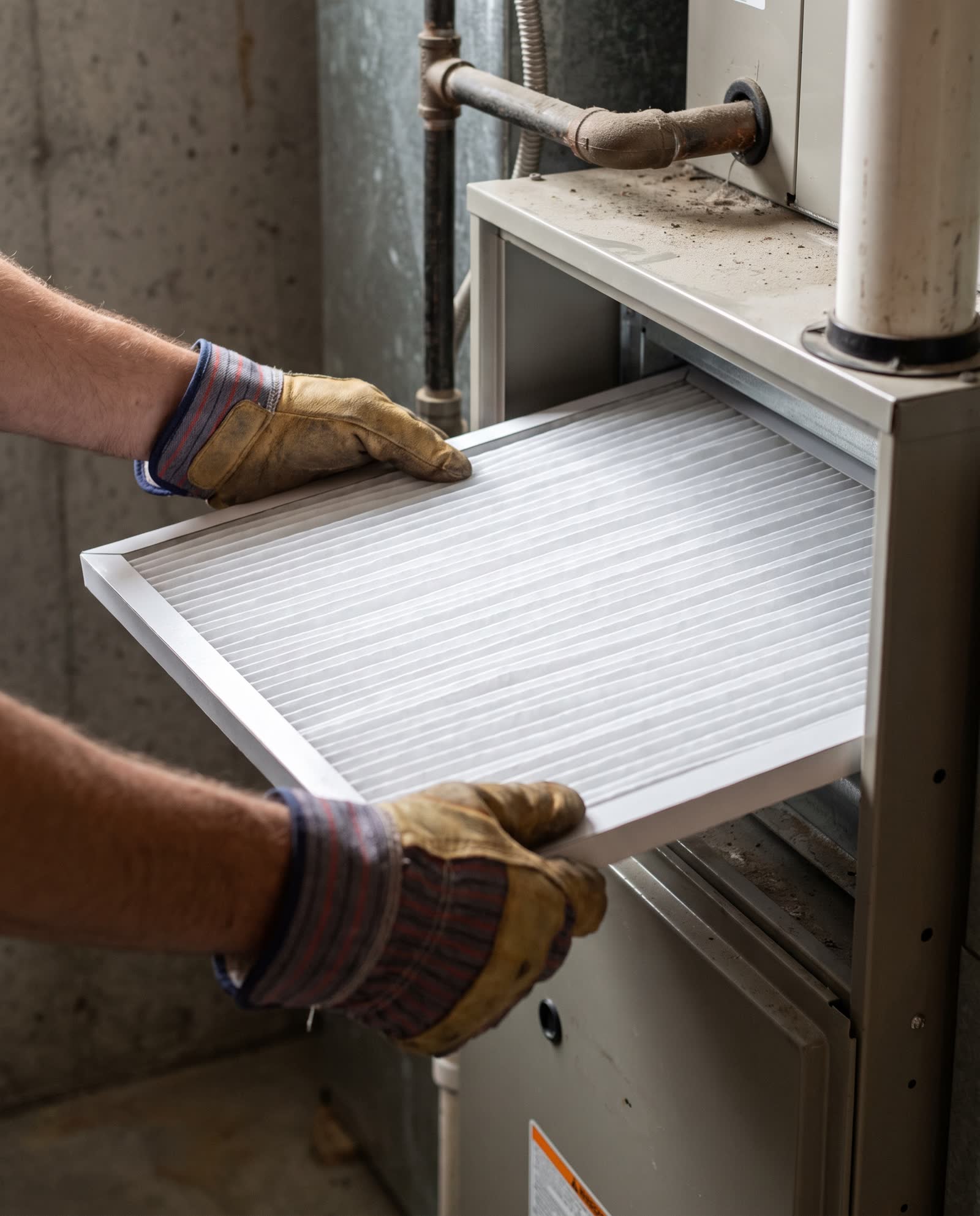 A technician fitting a clean furnace filter