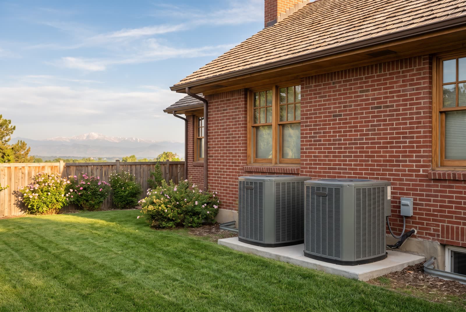 Two AC condensers beside a Denver brick home
