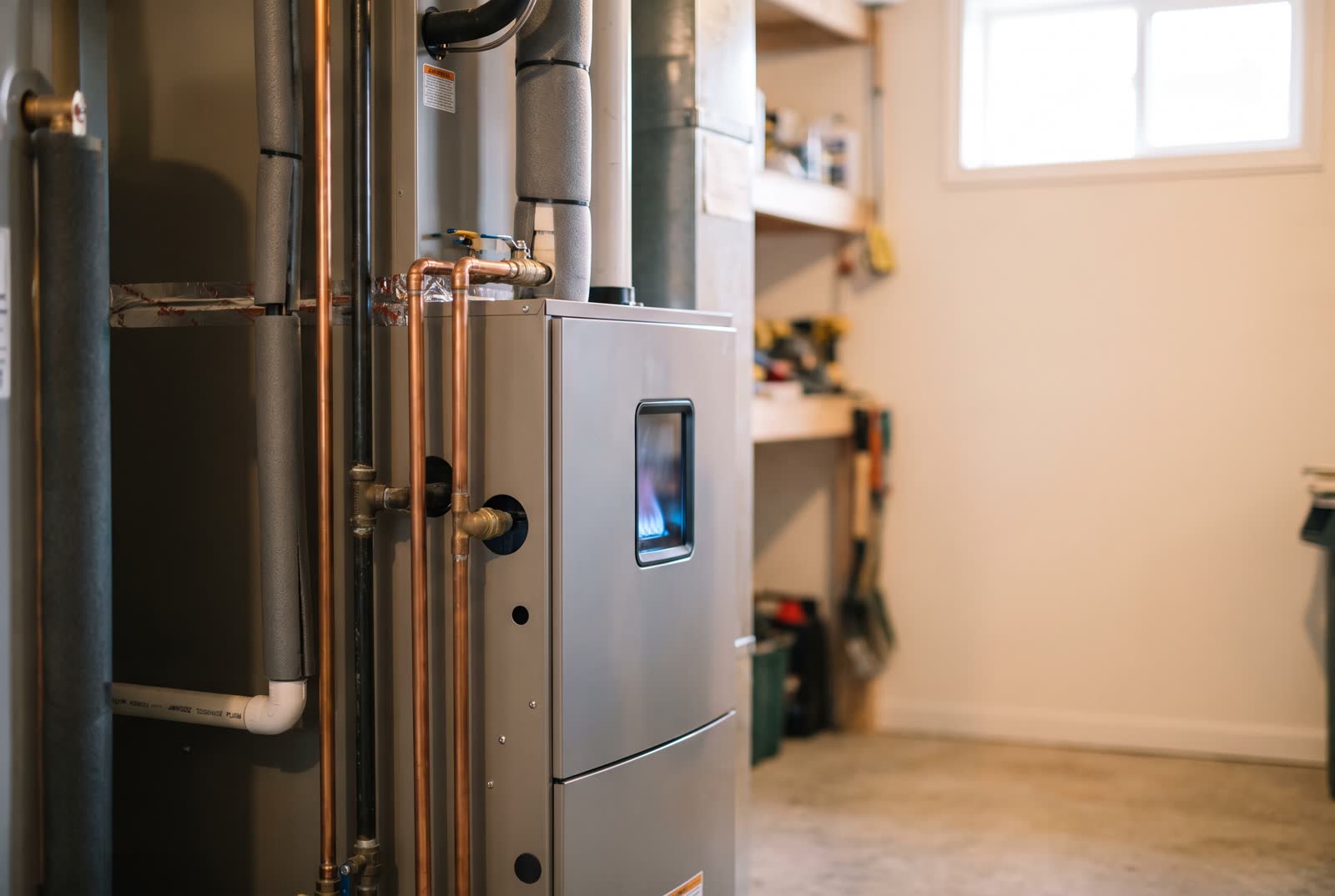A high-efficiency gas furnace in a clean basement
