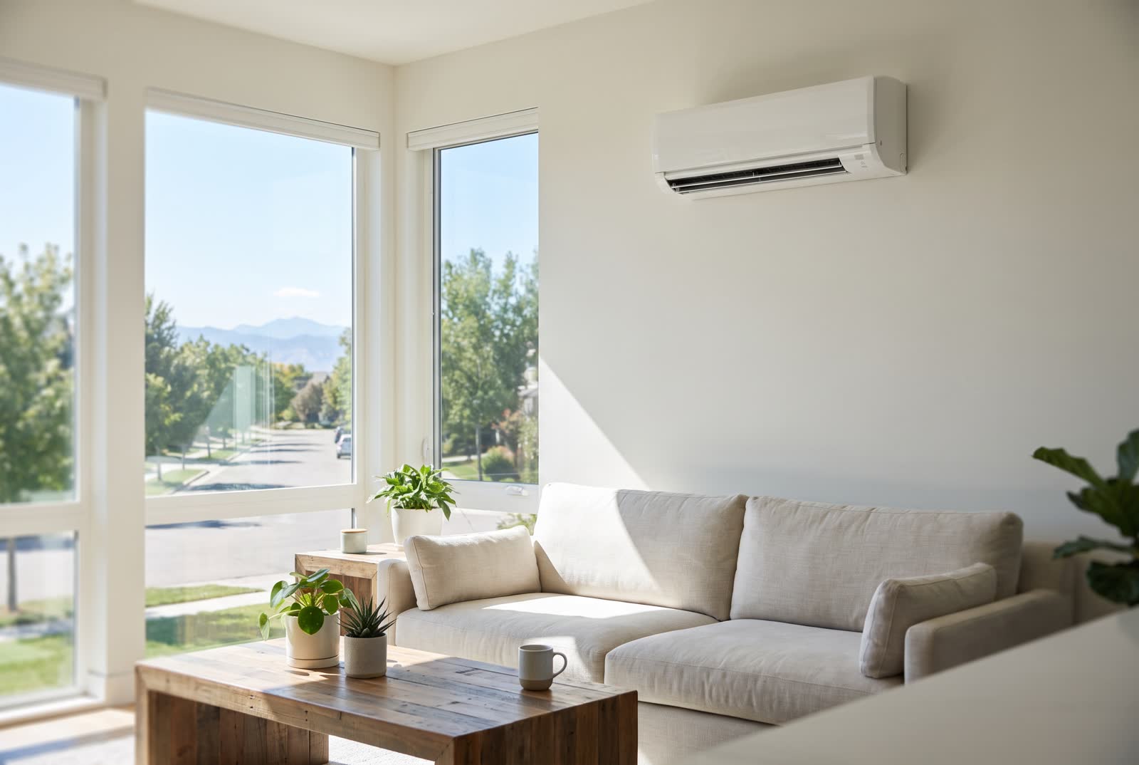 A ductless heat pump in a bright living room