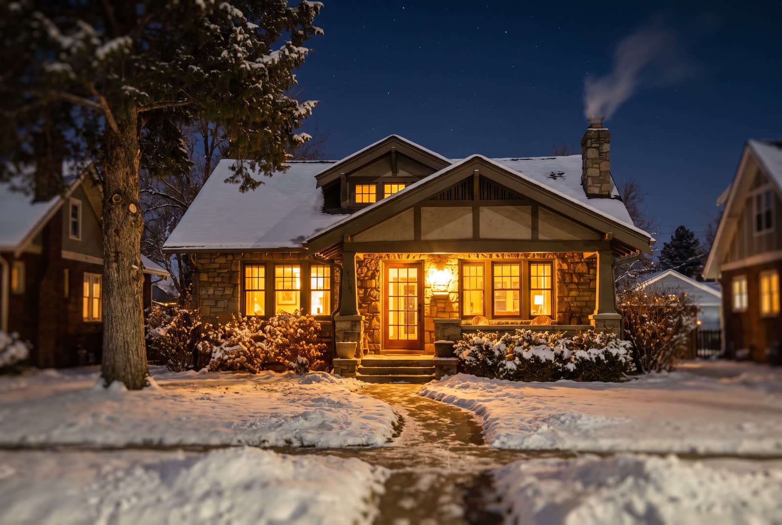 A Denver home glowing warm on a snowy night
